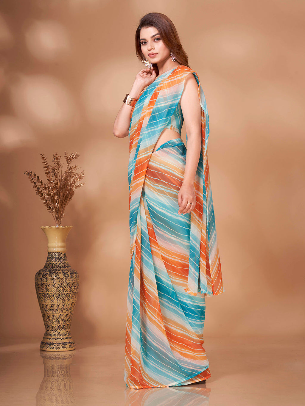 Tikhi Imli Striped Georgette Leheriya Ready to Wear Saree | Grocsy