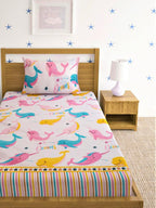 Home Sizzler Pink & White Cartoon Characters 210 TC Single Bedsheet with 1 Pillow Covers | Grocsy