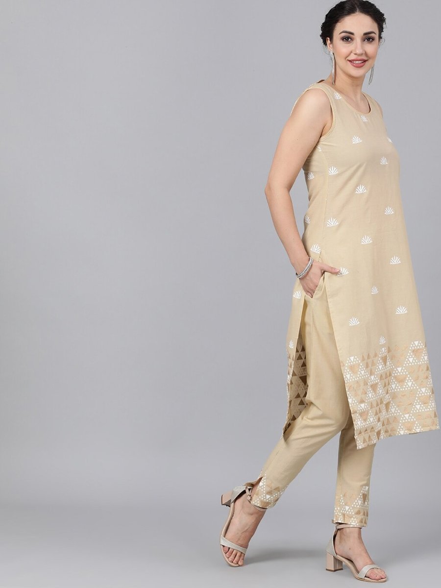 Aks Ethnic Motifs Printed Straight Pure Cotton Kurta with Trousers | Grocsy