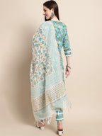 Sangria Blue & Gold Ethnic Motifs Printed Pure Cotton Kurta With Trouser & Dupatta | Grocsy