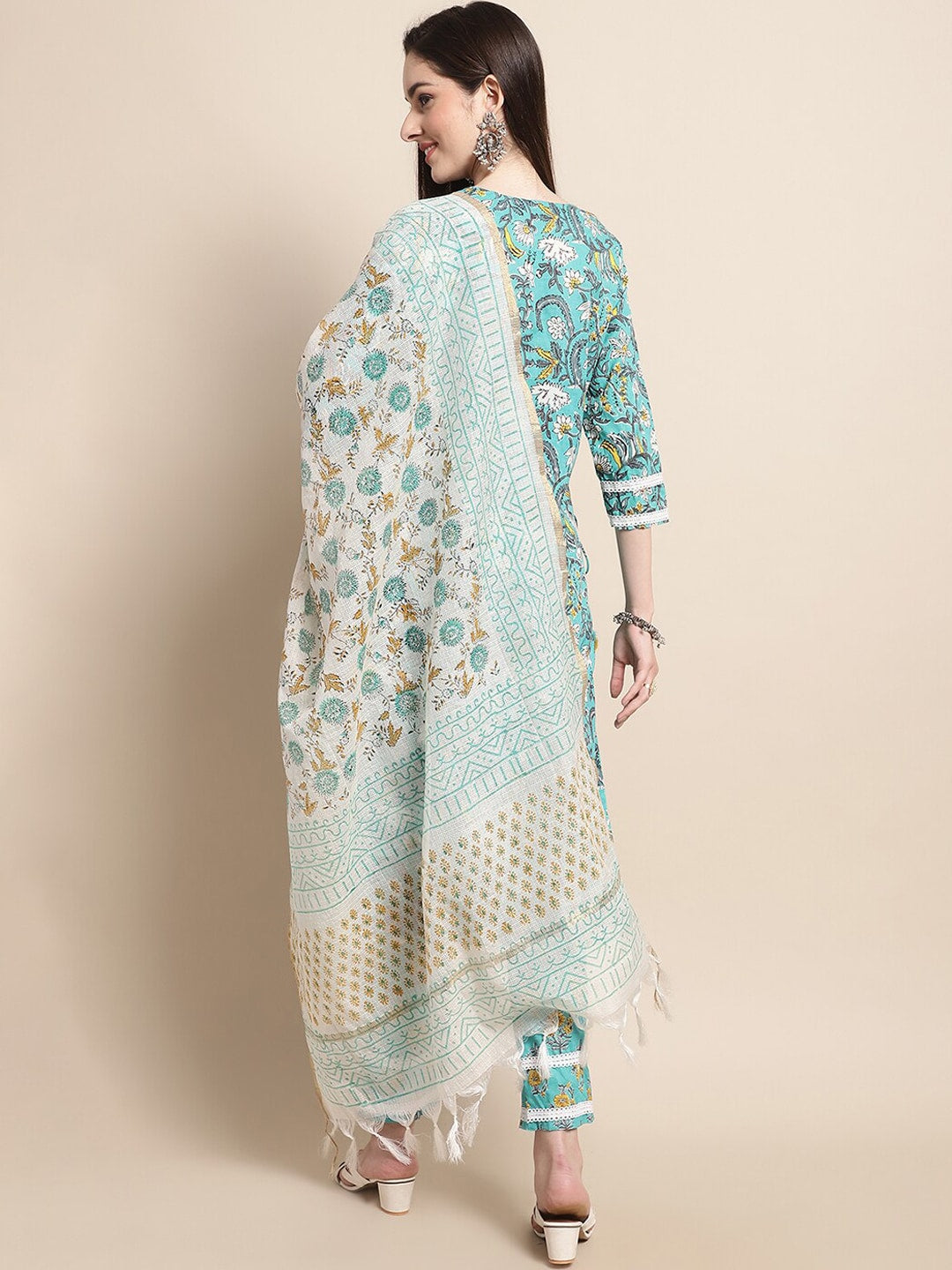 Sangria Blue & Gold Ethnic Motifs Printed Pure Cotton Kurta With Trouser & Dupatta | Grocsy