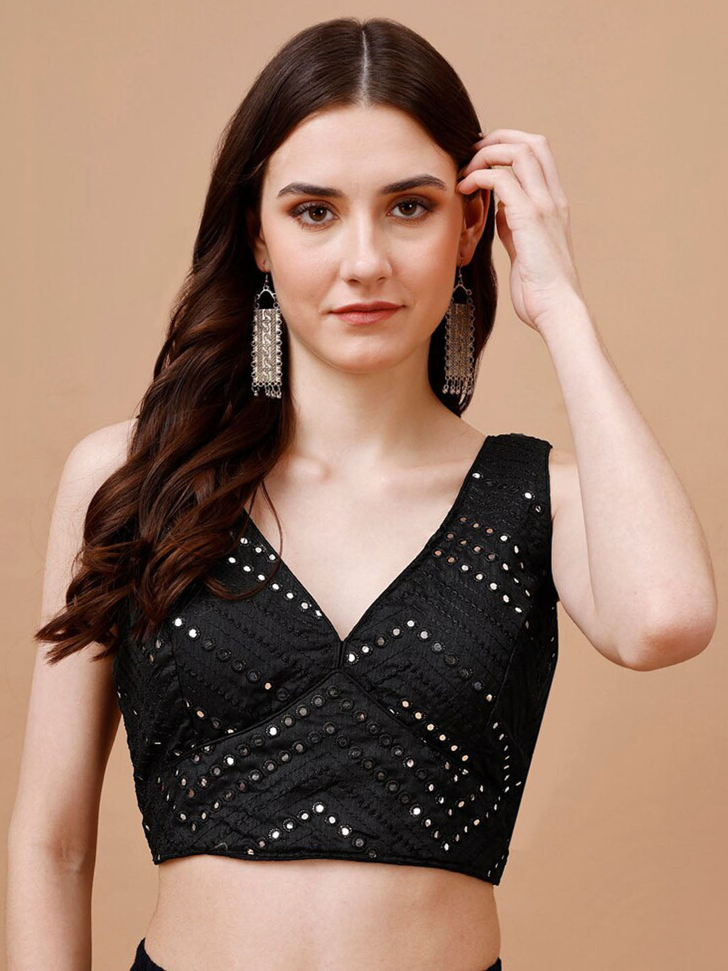 Tikhi Imli Mirror Work Embellished Sleeveless Saree Blouse | Grocsy