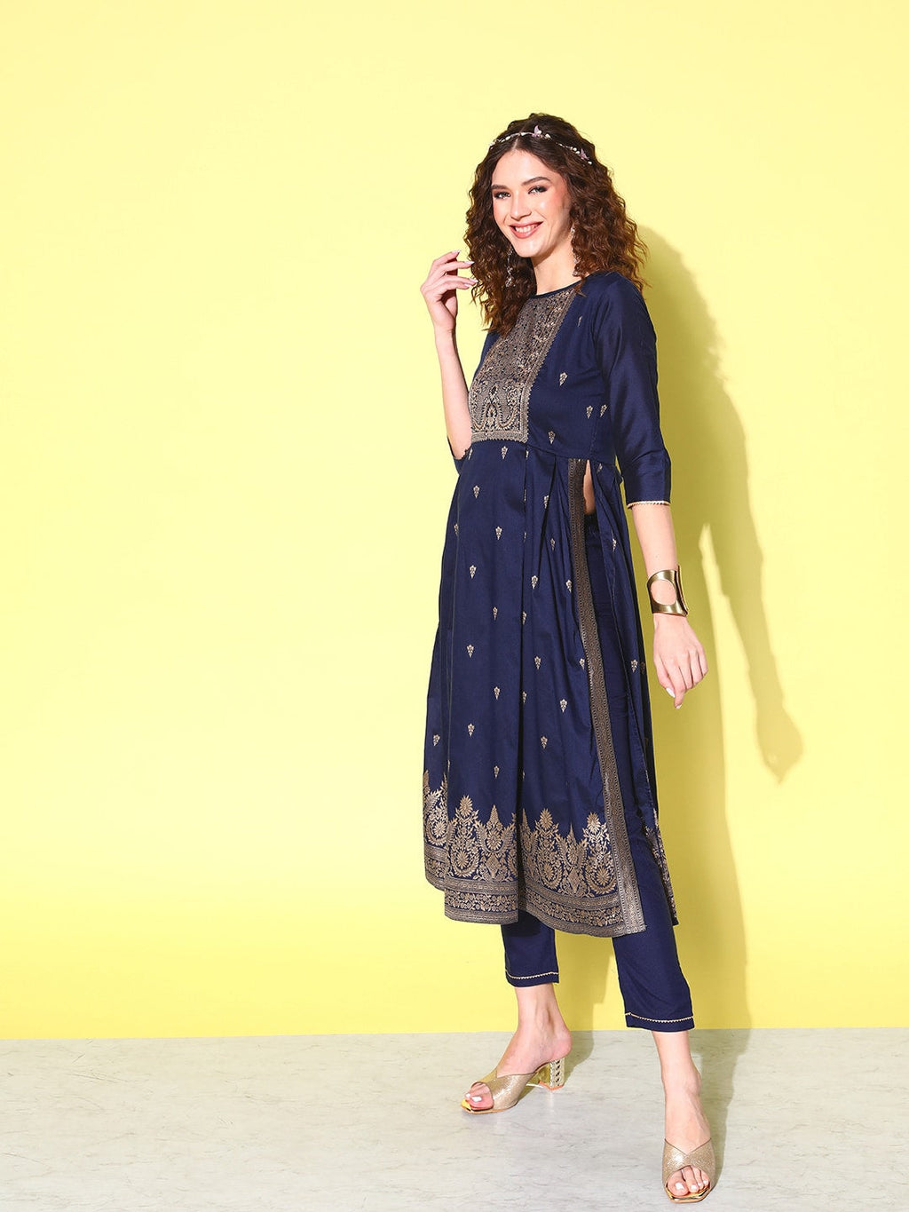 Sangria Floral Yoke Design Pleated Chanderi Silk Kurta with Trousers & With Dupatta | Grocsy
