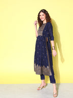 Sangria Floral Yoke Design Pleated Chanderi Silk Kurta with Trousers & With Dupatta | Grocsy