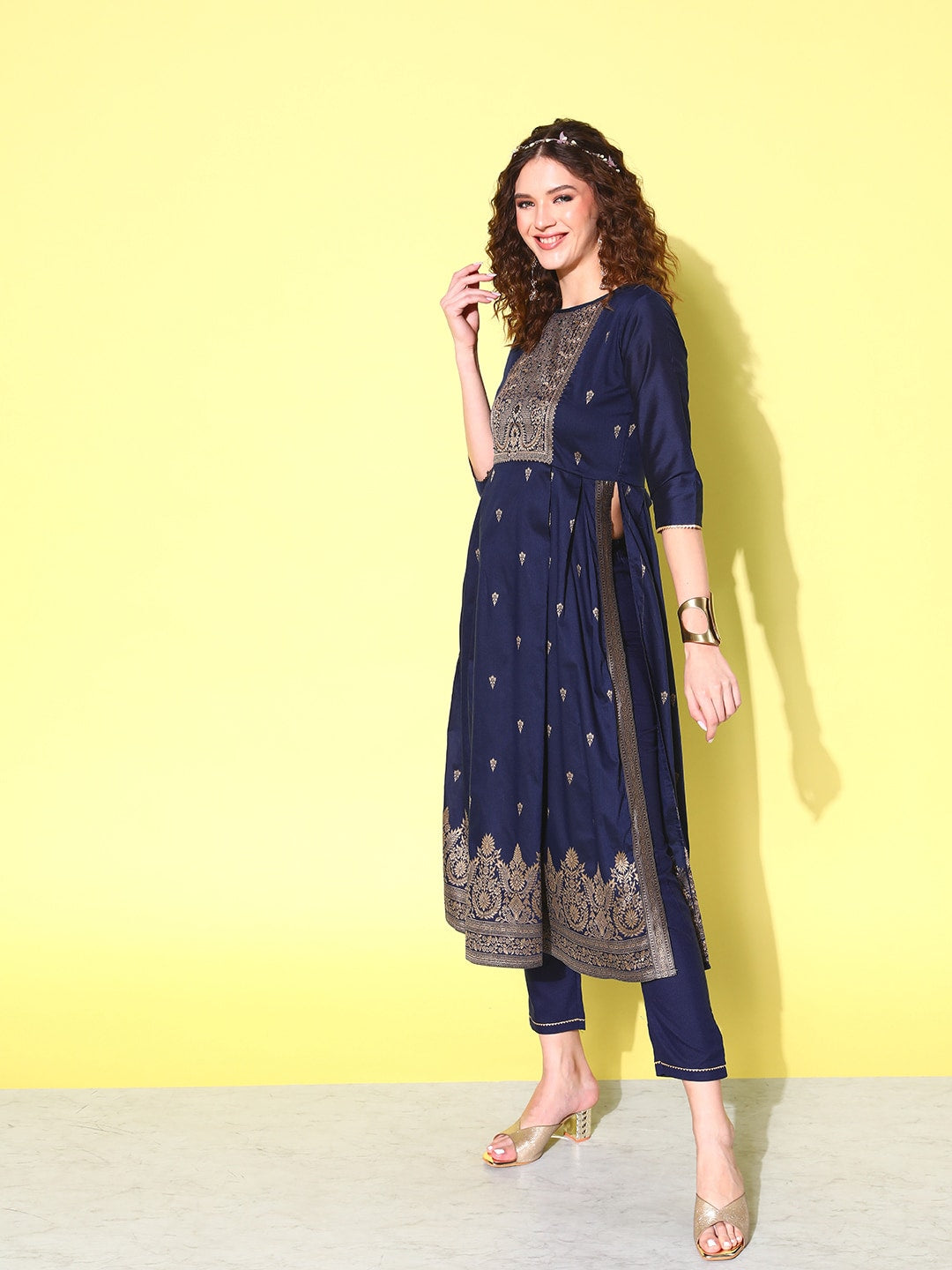 Sangria Floral Yoke Design Pleated Chanderi Silk Kurta with Trousers & With Dupatta | Grocsy
