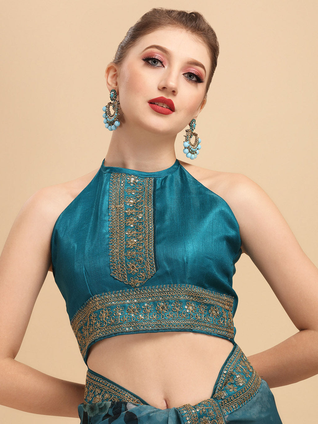 Sangria Teal & White Floral Embroidered Organza Saree | Grocsy