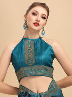 Sangria Teal & White Floral Embroidered Organza Saree | Grocsy