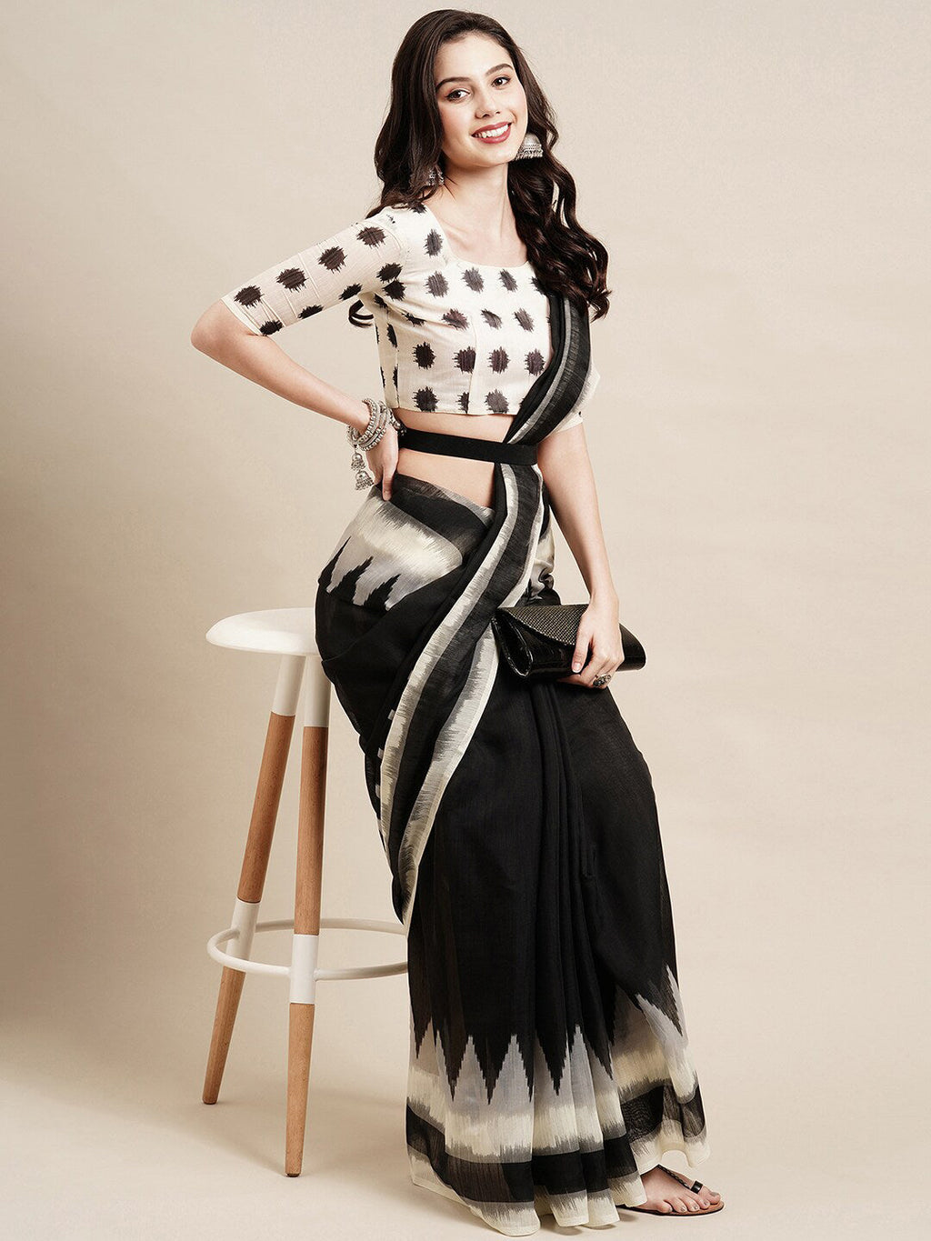 Saree Mall Black & White Pure Cotton Saree | Grocsy