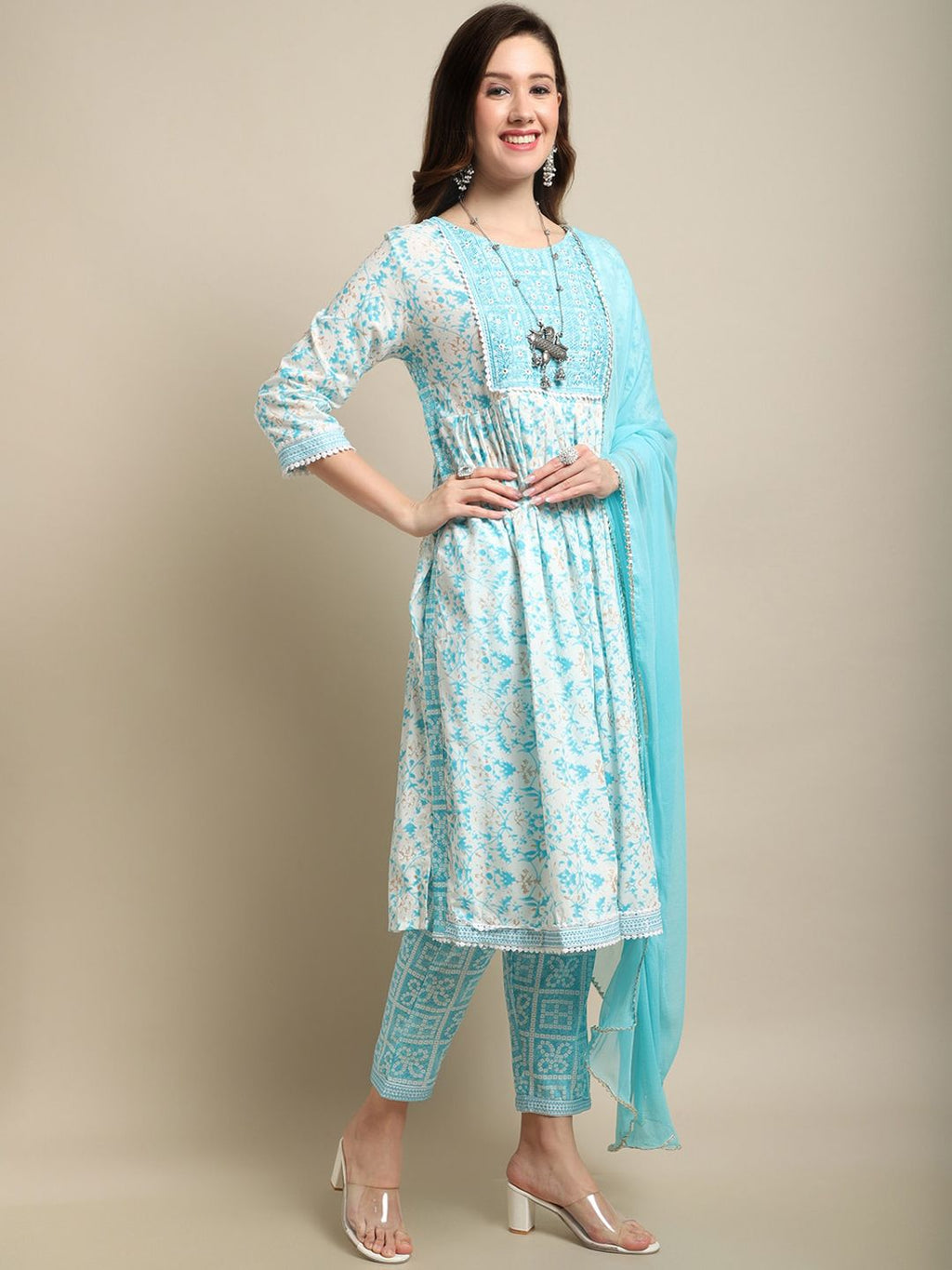 Sangria White & Blue Floral Printed Mirror Work A-Line Kurta With Trouser & Dupatta | Grocsy