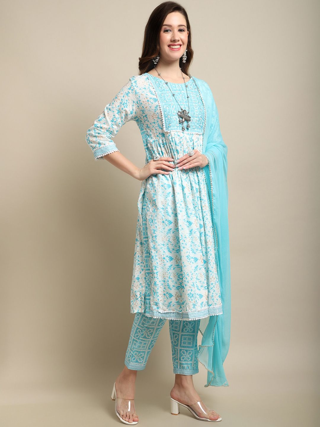 Sangria White & Blue Floral Printed Mirror Work A-Line Kurta With Trouser & Dupatta | Grocsy