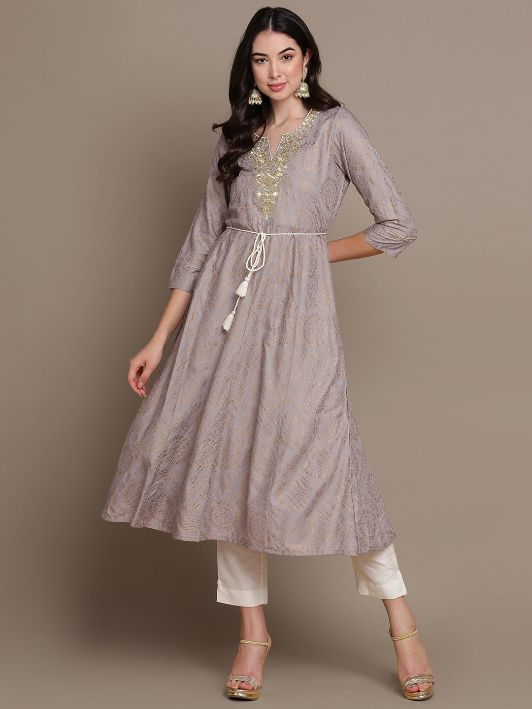 HERE&NOW Embroidered Bandhani Printed Notched Neck Thread Work Anarkali Kurta | Grocsy