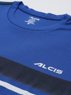 Alcis Men Blue & Black Striped Detail Slim Fit T-shirt | Grocsy