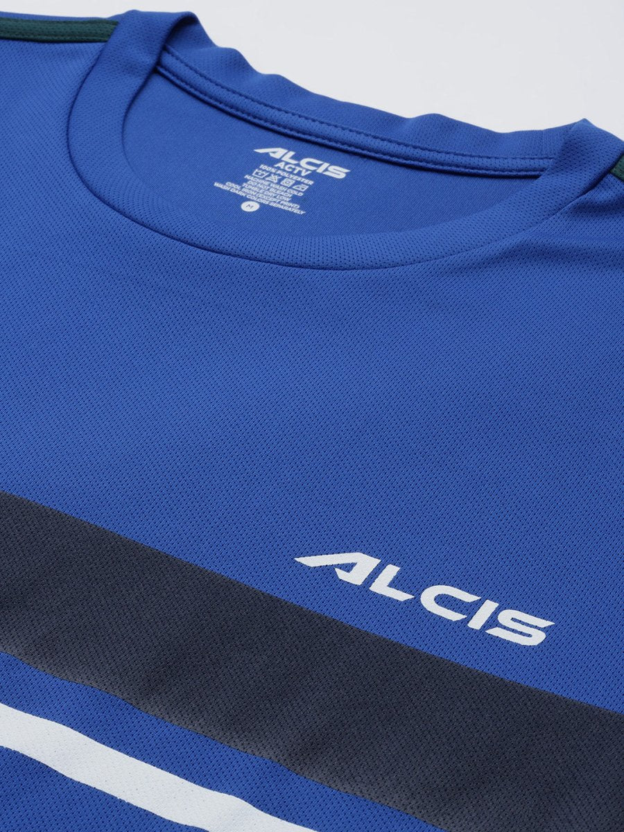 Alcis Men Blue & Black Striped Detail Slim Fit T-shirt | Grocsy
