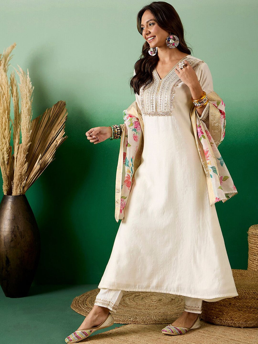 Sangria Off White Floral Embroidered Zari Sequence A-Line Kurta With Trouser & Dupatta | Grocsy