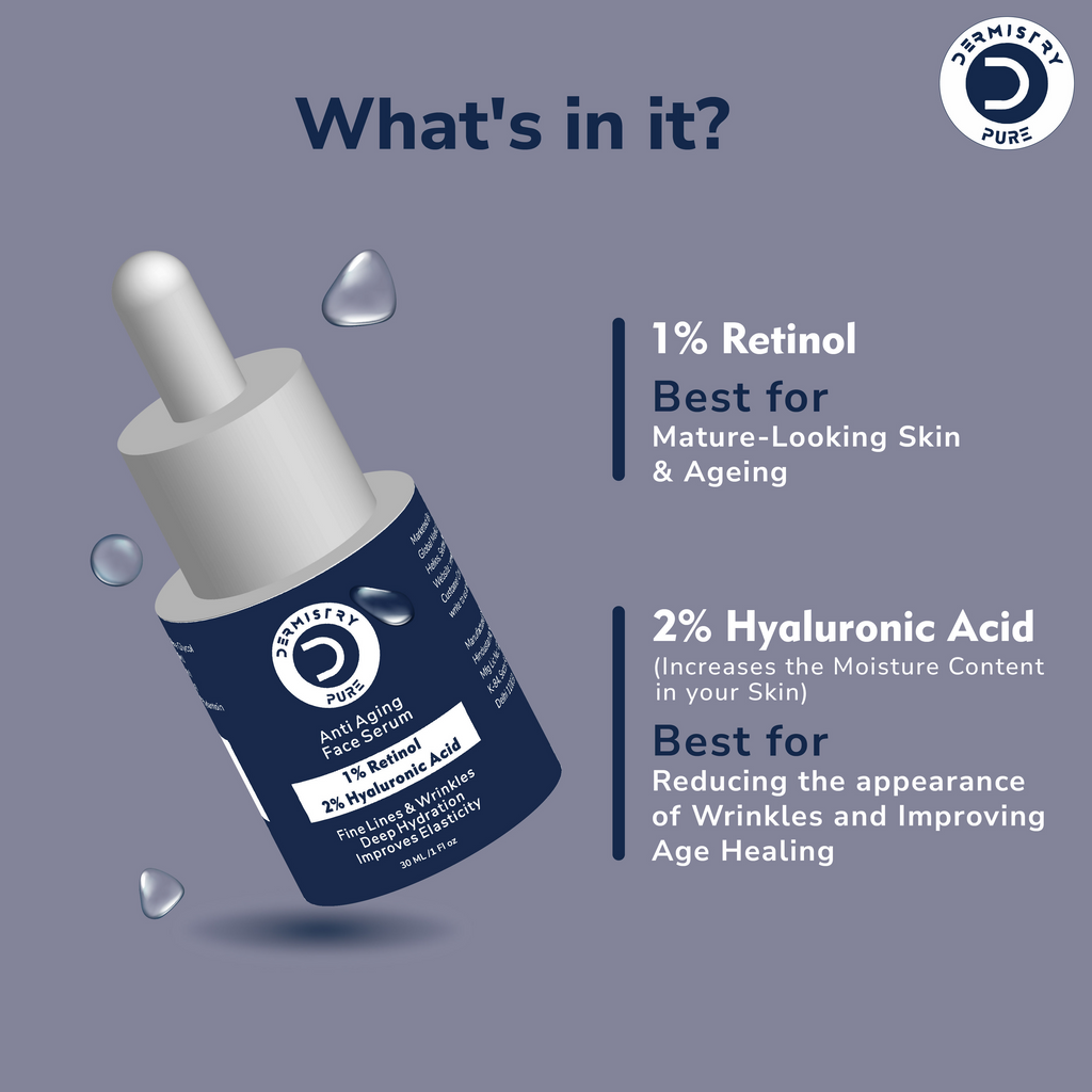 Dermistry 1% Retinol Hyaluronic Anti Aging Night Moisturizer Face Serum For Ageing Lines & Wrinkles | Grocsy