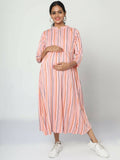 Manet Three Fourth Maternity Dress Strip Print With Concealed Zipper Nursing Access - Pink | Grocsy