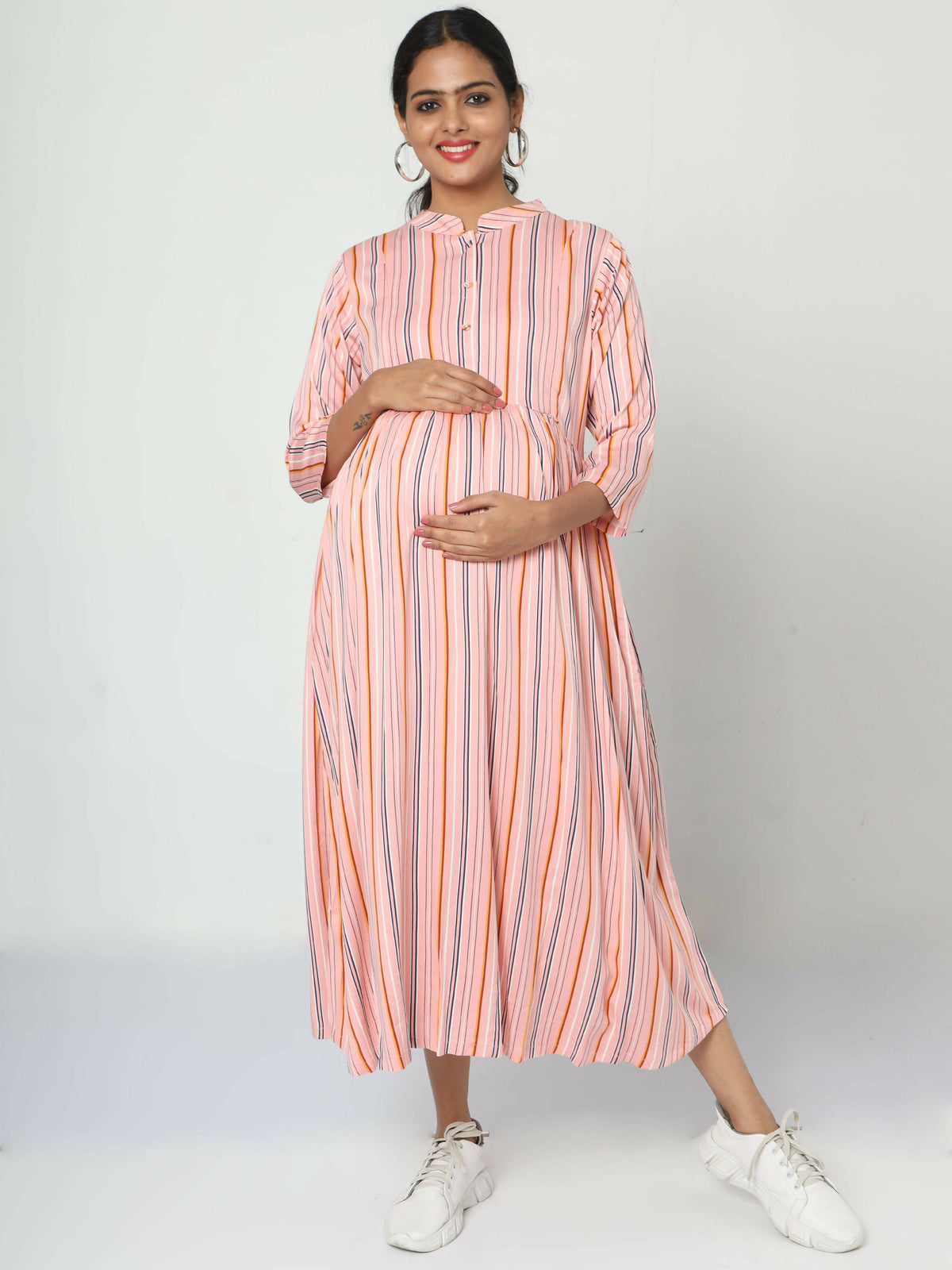 Manet Three Fourth Maternity Dress Strip Print With Concealed Zipper Nursing Access - Pink | Grocsy