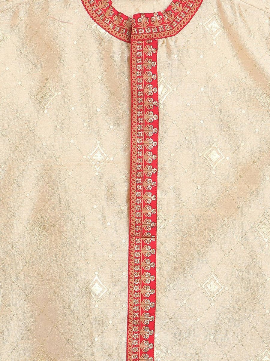 Ahalyaa Beige Poly Silk Gold Print Kids Kurta Churidar Set For Boys | Grocsy