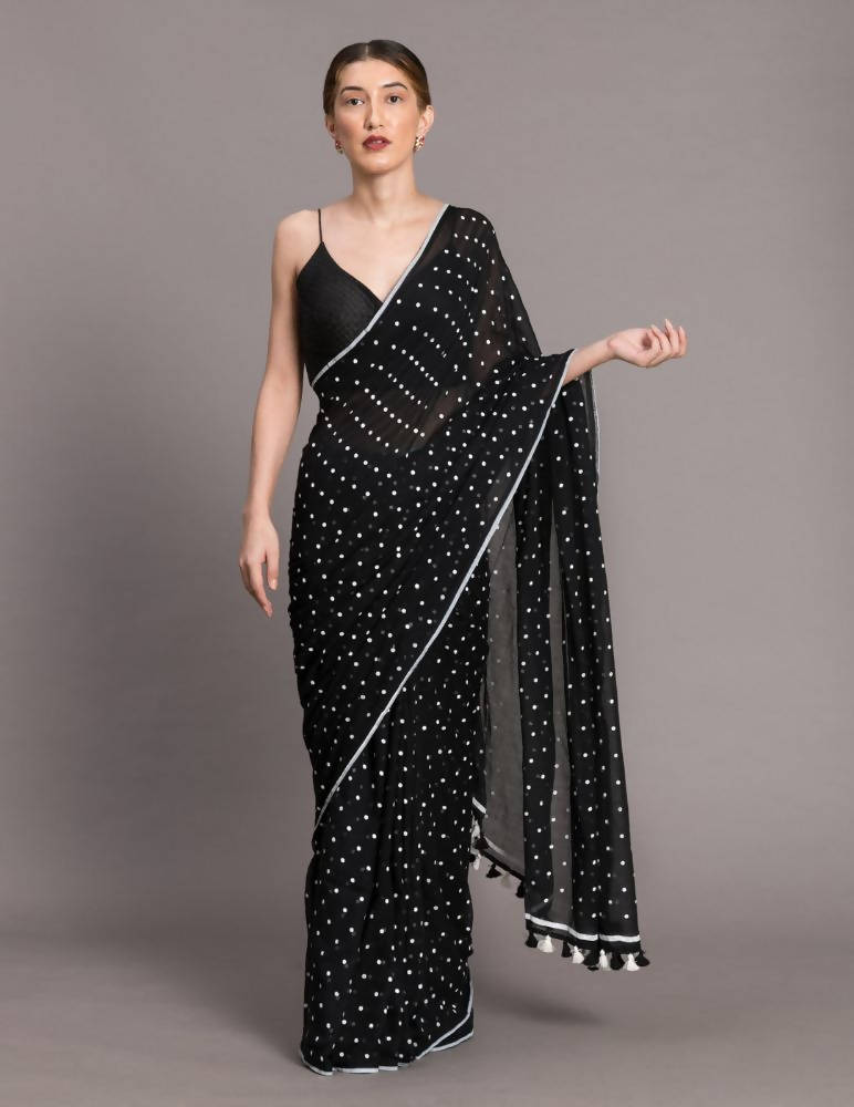 Suta Black White Polka Dots Printed Pure Cotton Saree | Grocsy