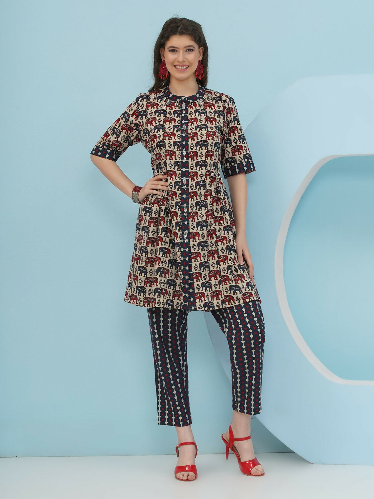 Joban Fashion Elephant Printed Co Ord Set - Beige | Grocsy