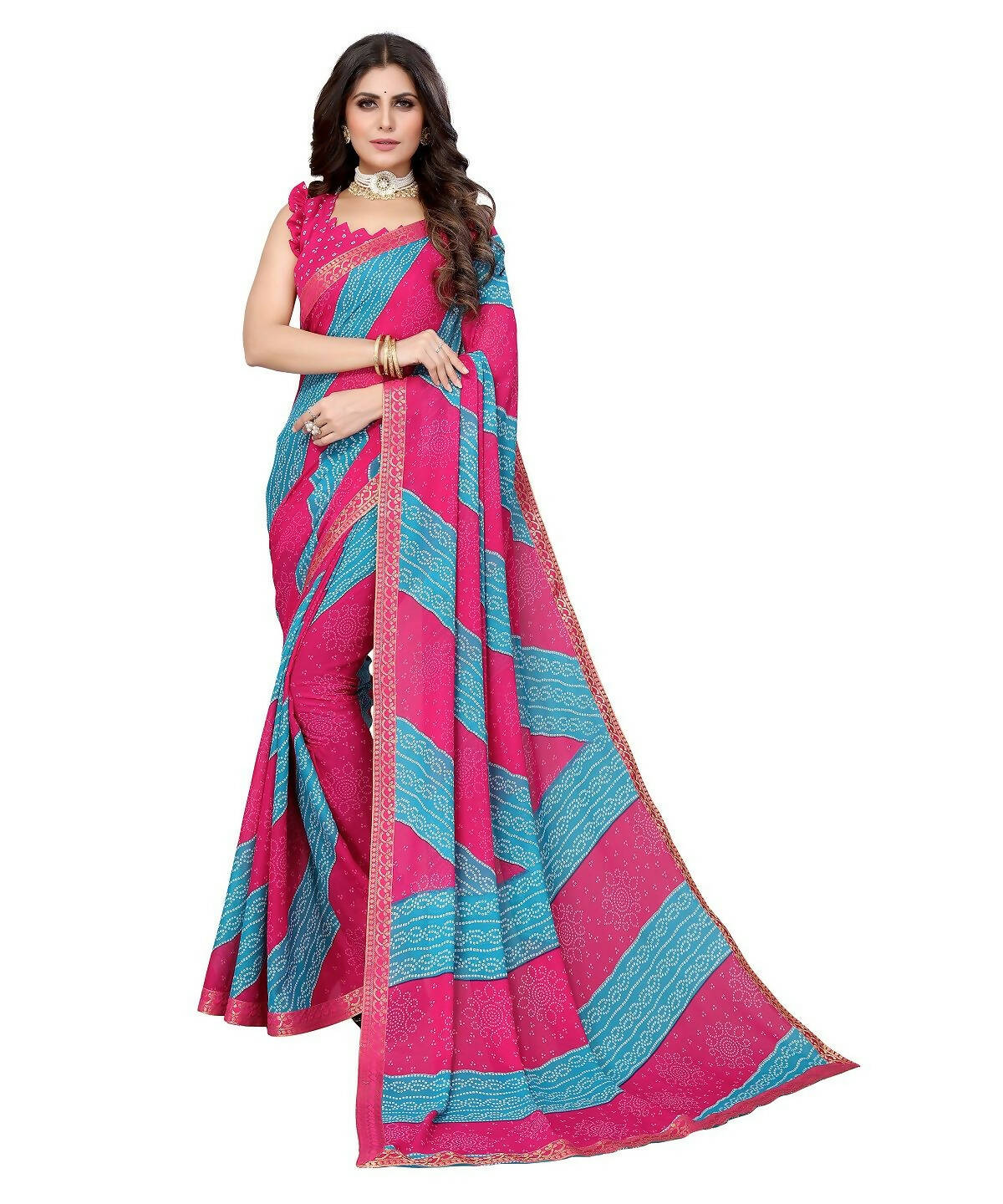 Vamika Pink Georgette Printed With Lace Saree (MANYA PINK SKY BLUE) | Grocsy