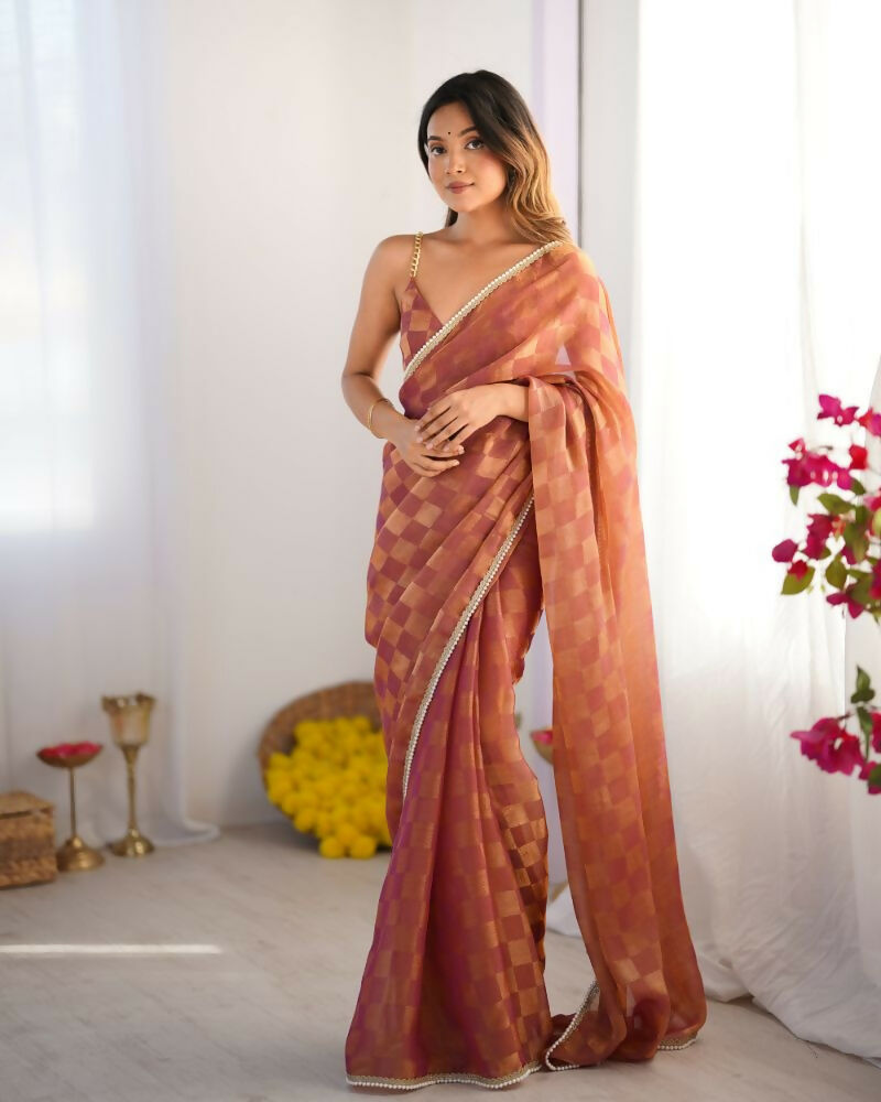 NC Chiffon Chex Wevon Chex Designer, Lace Party Wear Saree - Rust | Grocsy