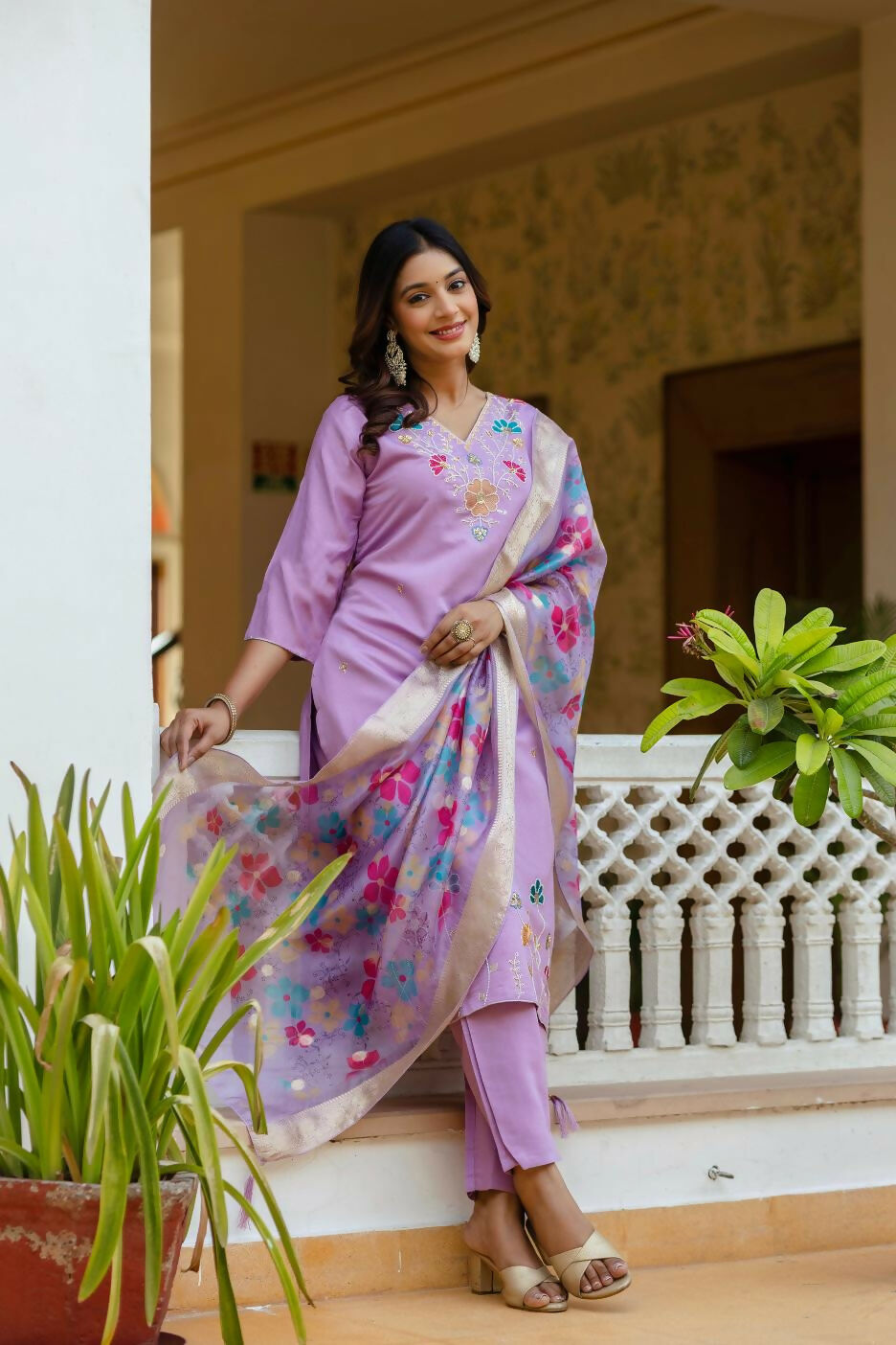 The52 Lavender Women's Gorgeous Embroidered work Viscose Gadhwal Fabric Straight Kurta, Pant and Dupatta Set | Grocsy