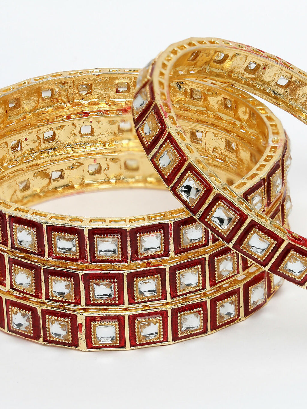 NVR Women's Set Of 4 Gold-Polished Red Kundan-Studded Traditional Bangles | Grocsy