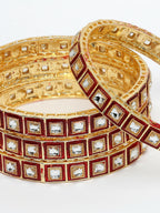 NVR Women's Set Of 4 Gold-Polished Red Kundan-Studded Traditional Bangles | Grocsy