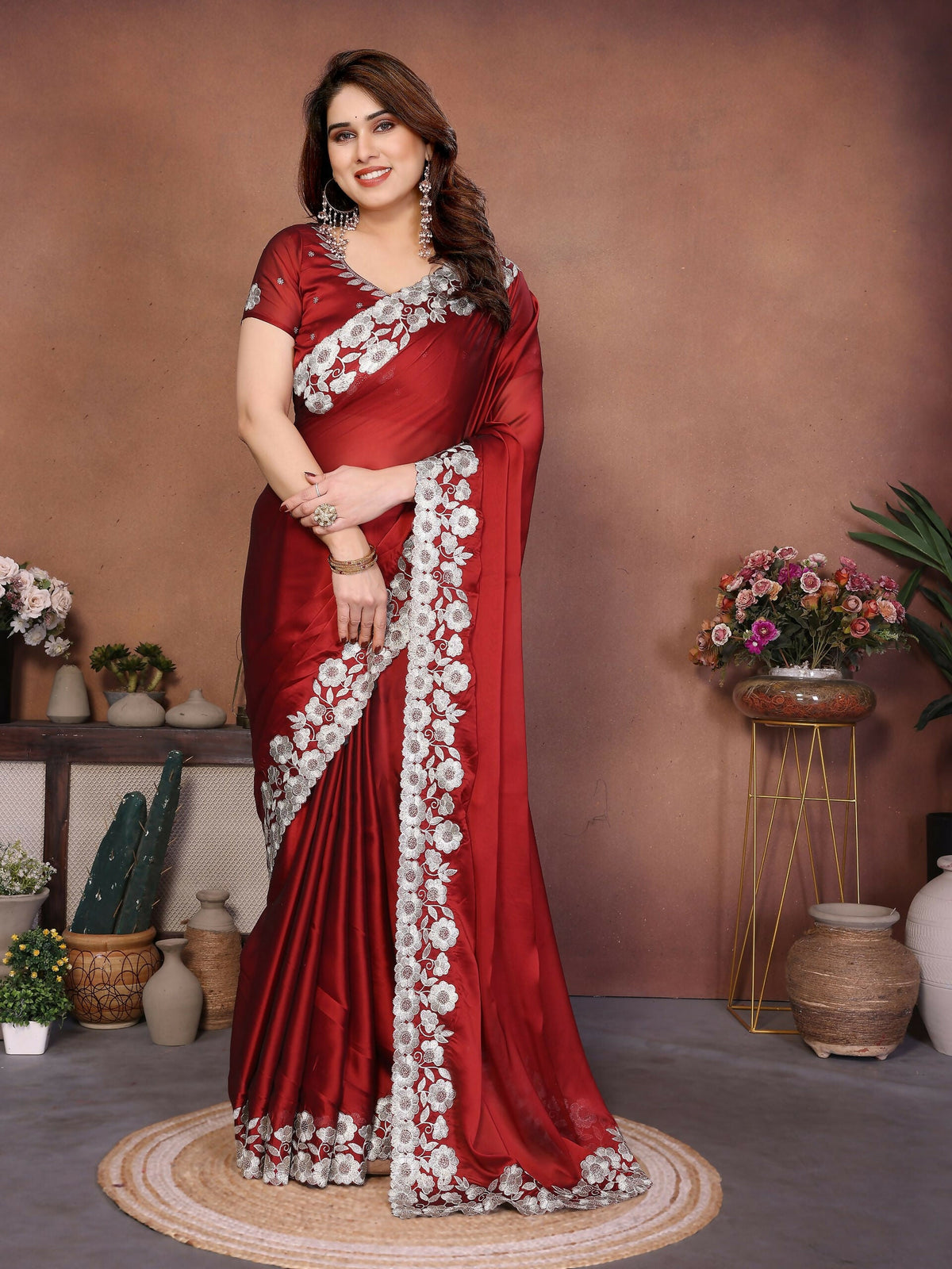 Teeya Creation New Trendy Stylish Party Wear Silk Saree-Red | Grocsy