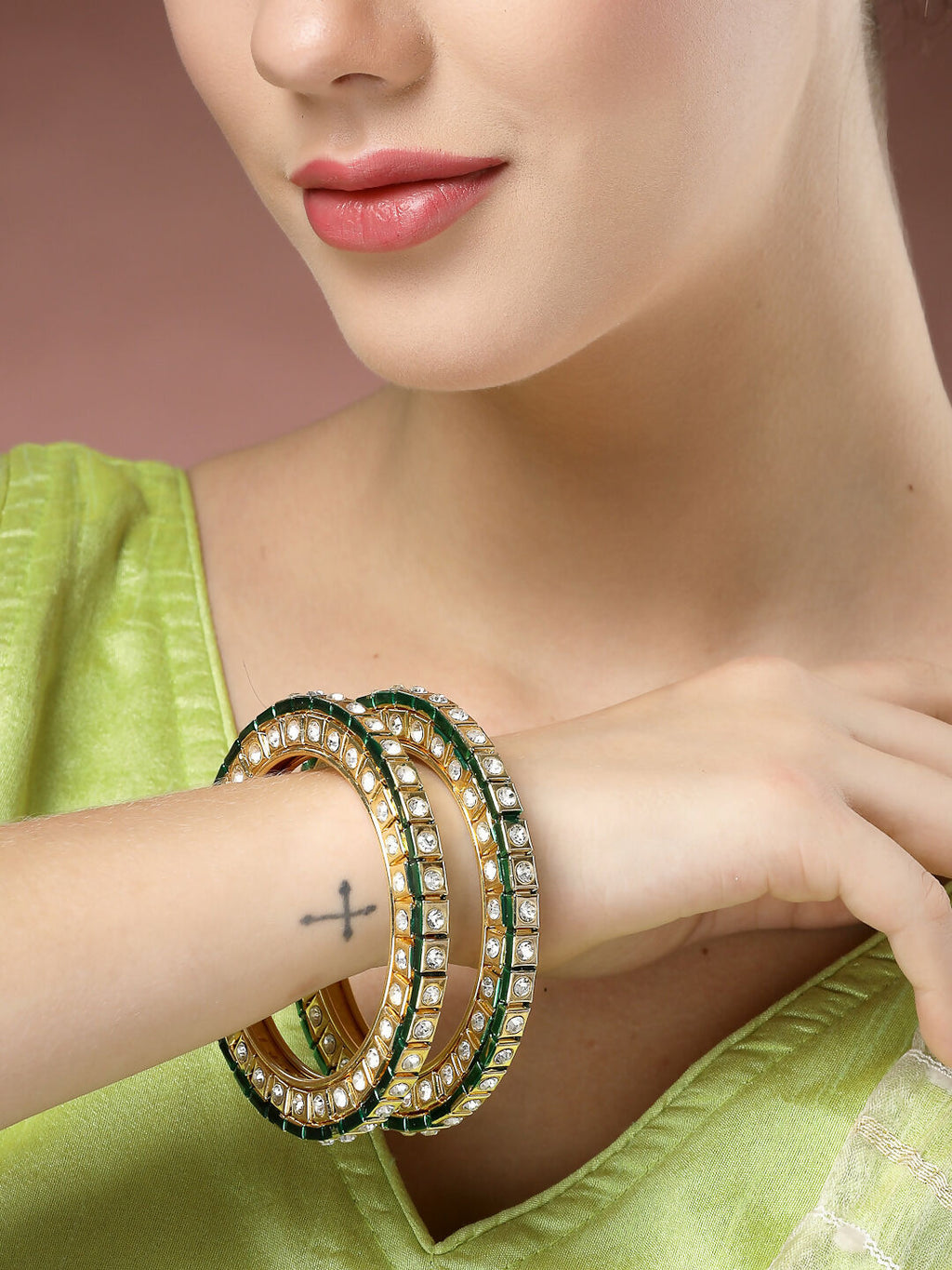 NVR Women's Set Of 2 Gold-Polished Kundan-Studded Bangles