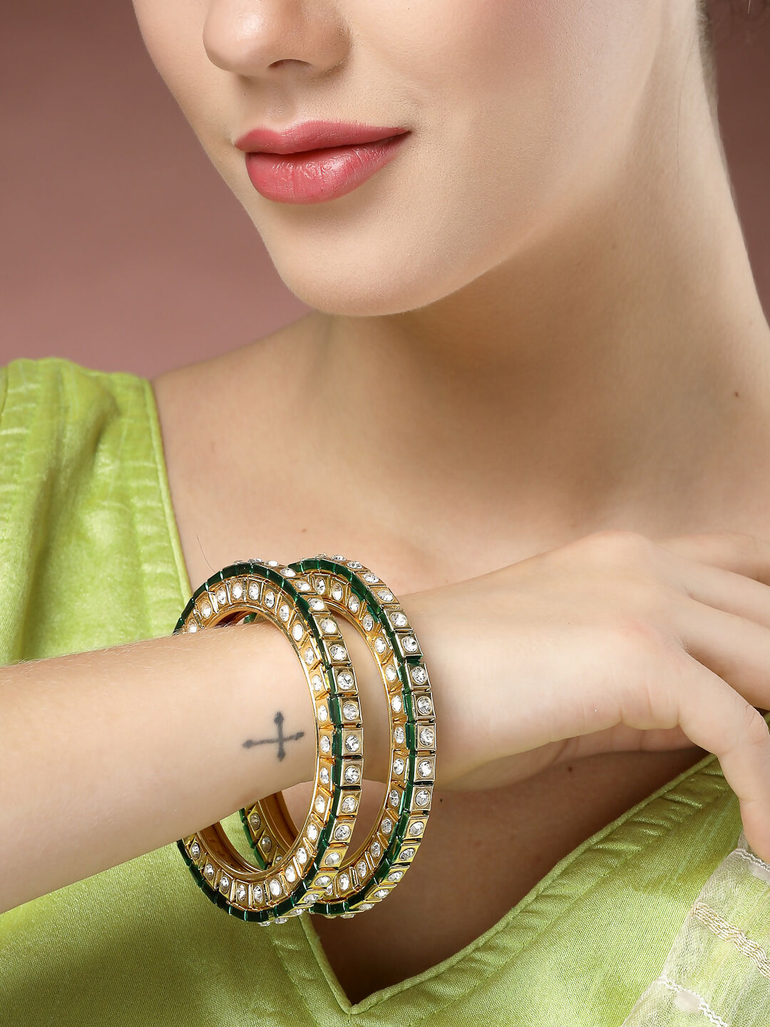 NVR Women's Set Of 2 Gold-Polished Kundan-Studded Bangles