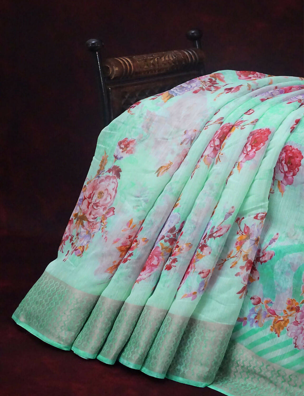 Shades Of Mint Green With Floral Design Semi Chanderi Saree By Gayathri Reddy Designer Studio | Grocsy