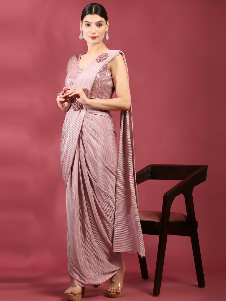 Pink Imported Crush Lycra Texture Pattern Ready to Wear Saree with stitched Blouse - Nirvana | Grocsy