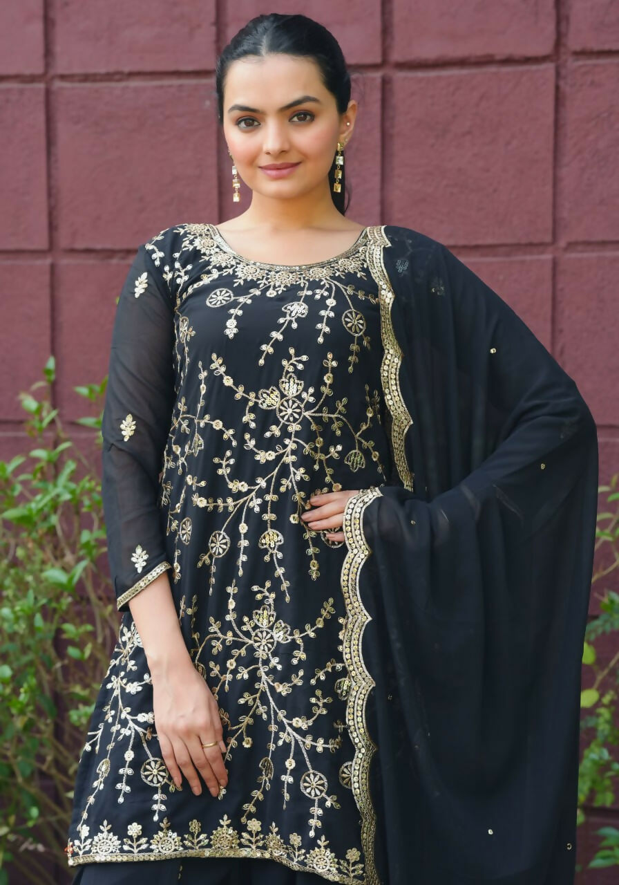 Teeya Creation Black Color Faux Georgette Embroidery Work Wedding Wear Palazzo Set | Grocsy