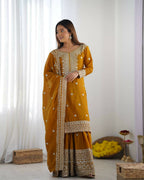 Joban Fashion Mustard Kurta Set Silk Sequins , Zari, Coding & Thread Embroidered work | Grocsy