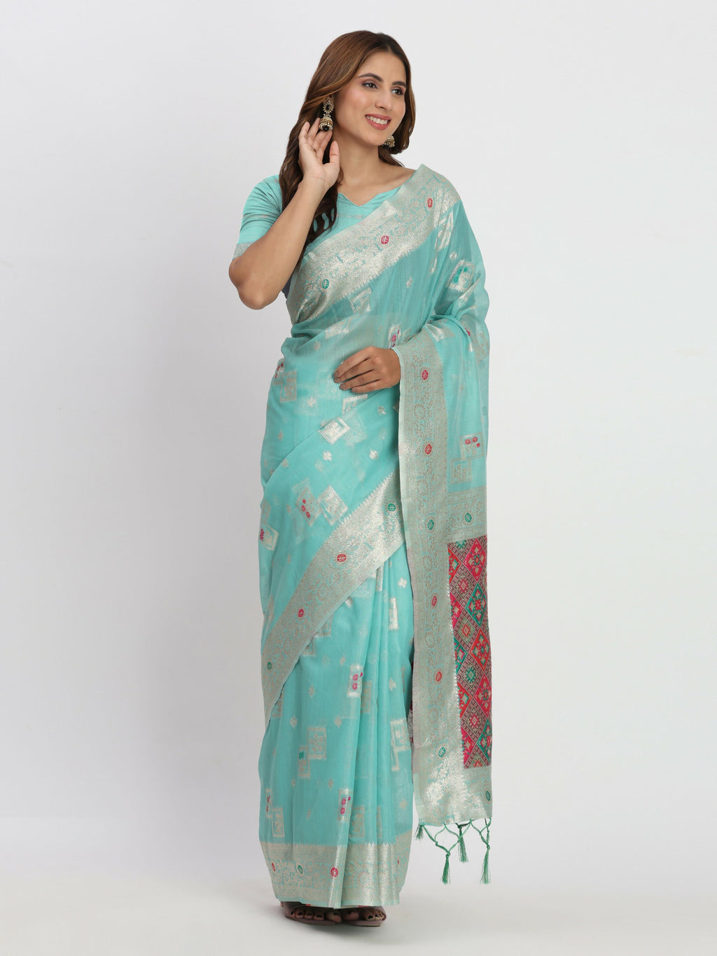 Shree Shyam Fashion Linen Cotton Sea Green Saree | Grocsy