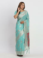 Shree Shyam Fashion Linen Cotton Sea Green Saree | Grocsy
