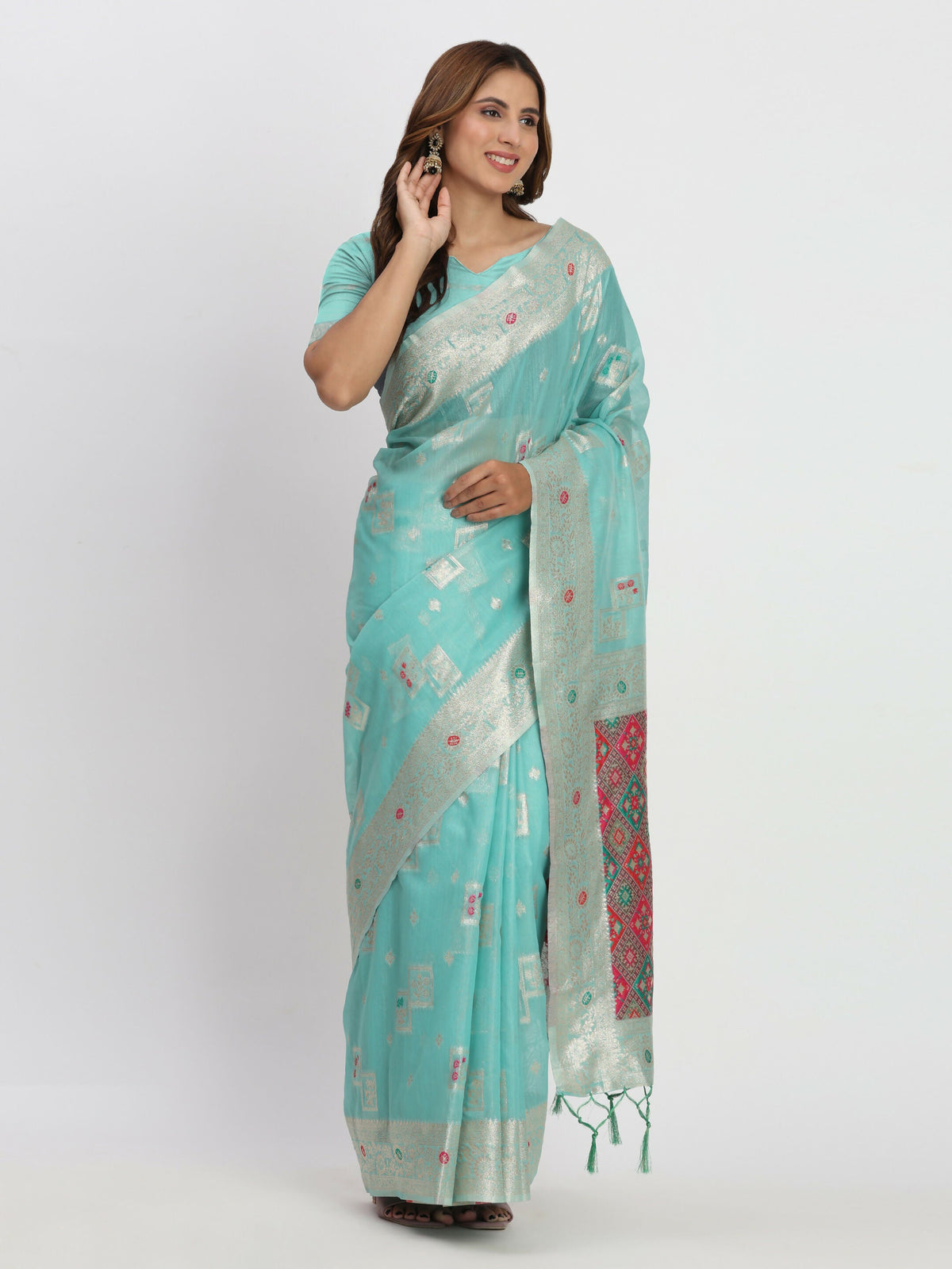 Shree Shyam Fashion Linen Cotton Sea Green Saree | Grocsy