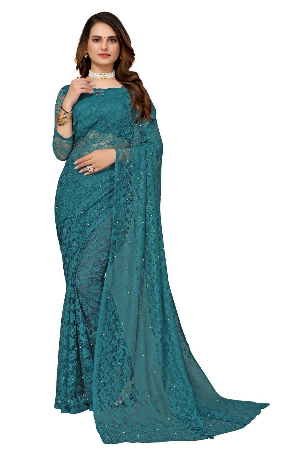 Vamika Rama Green Pearls Net Saree | Grocsy
