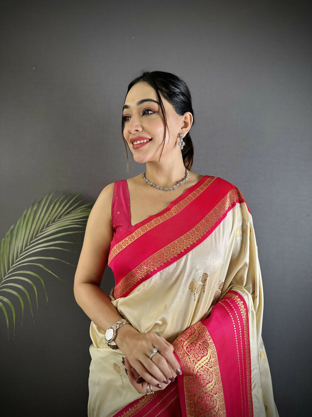 Joban Fashion Cream Banarasi Soft Silk Woven Saree | Grocsy