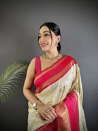 Joban Fashion Cream Banarasi Soft Silk Woven Saree | Grocsy