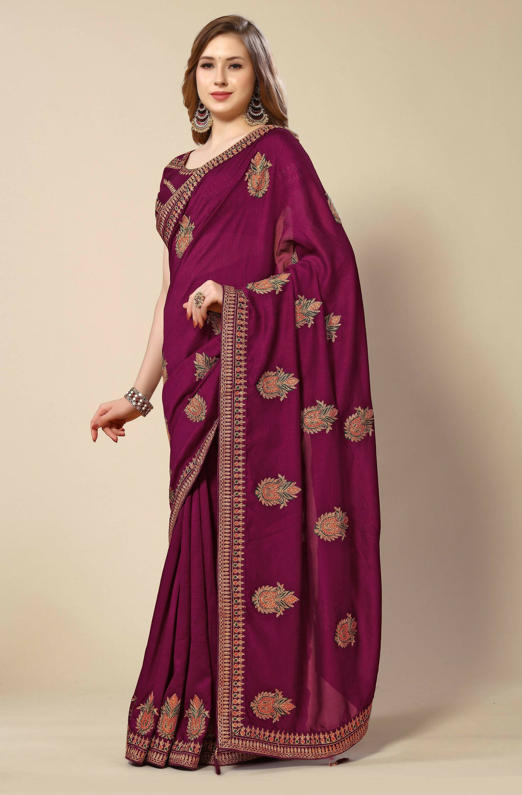 Wine Chinon Embroidered Saree with Unstitched Blouse Piece - Roozal | Grocsy