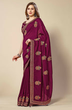 Wine Chinon Embroidered Saree with Unstitched Blouse Piece - Roozal | Grocsy
