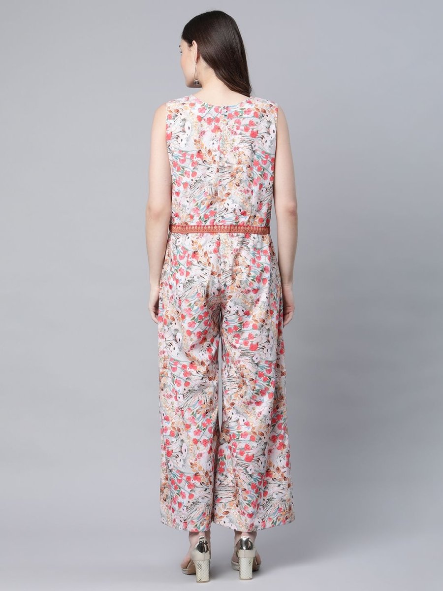 Ahalyaa Womens Pink Crepe Digital Print Floral Jumpsuit | Grocsy