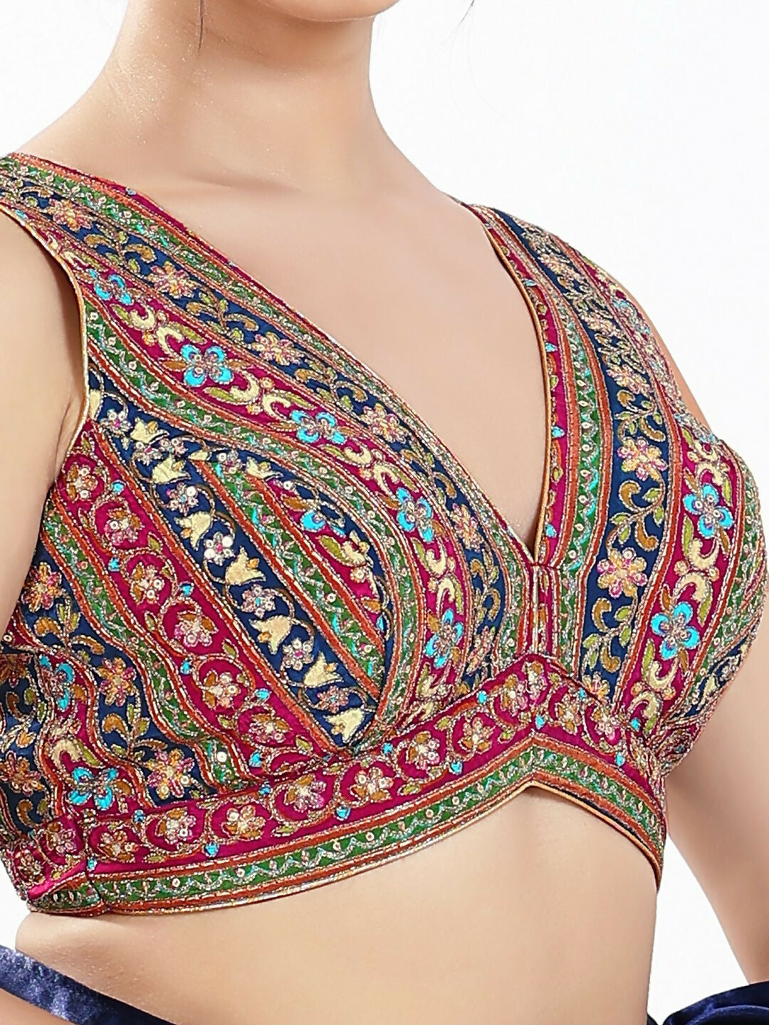 Joban Fashion Magenta Multi Georgette Padded Blouse With V Neck Sleeveless | Grocsy