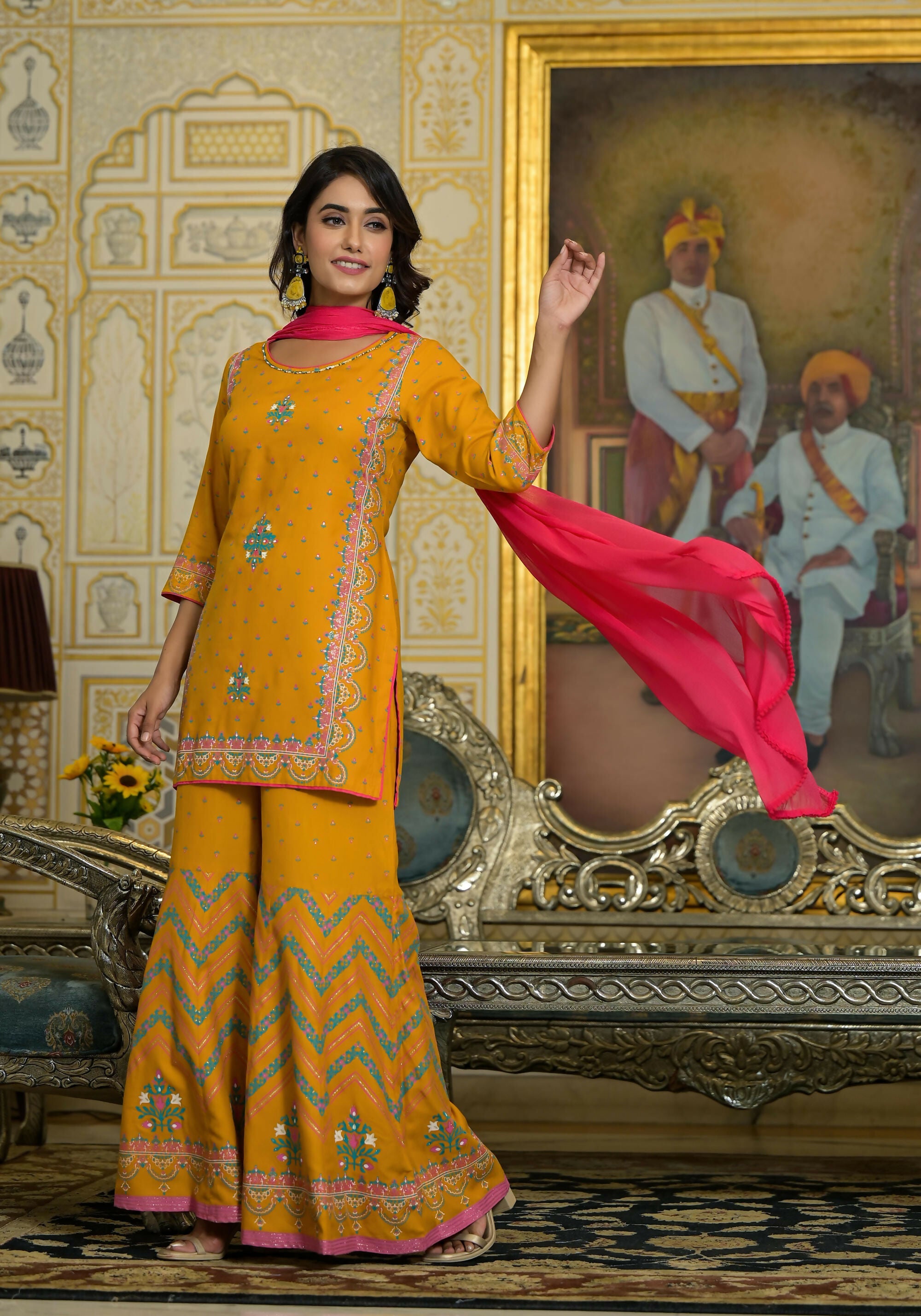 Juniper Women's Mustard Ethnic Motif Printed Liva Rayon Tunic Sharara And Dupatta Set With Sequins & Gota Patti Work | Grocsy
