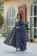 Vastranavya Navy Blue Pure Cotton Printed Top with Pant & Dupatta Set | Grocsy