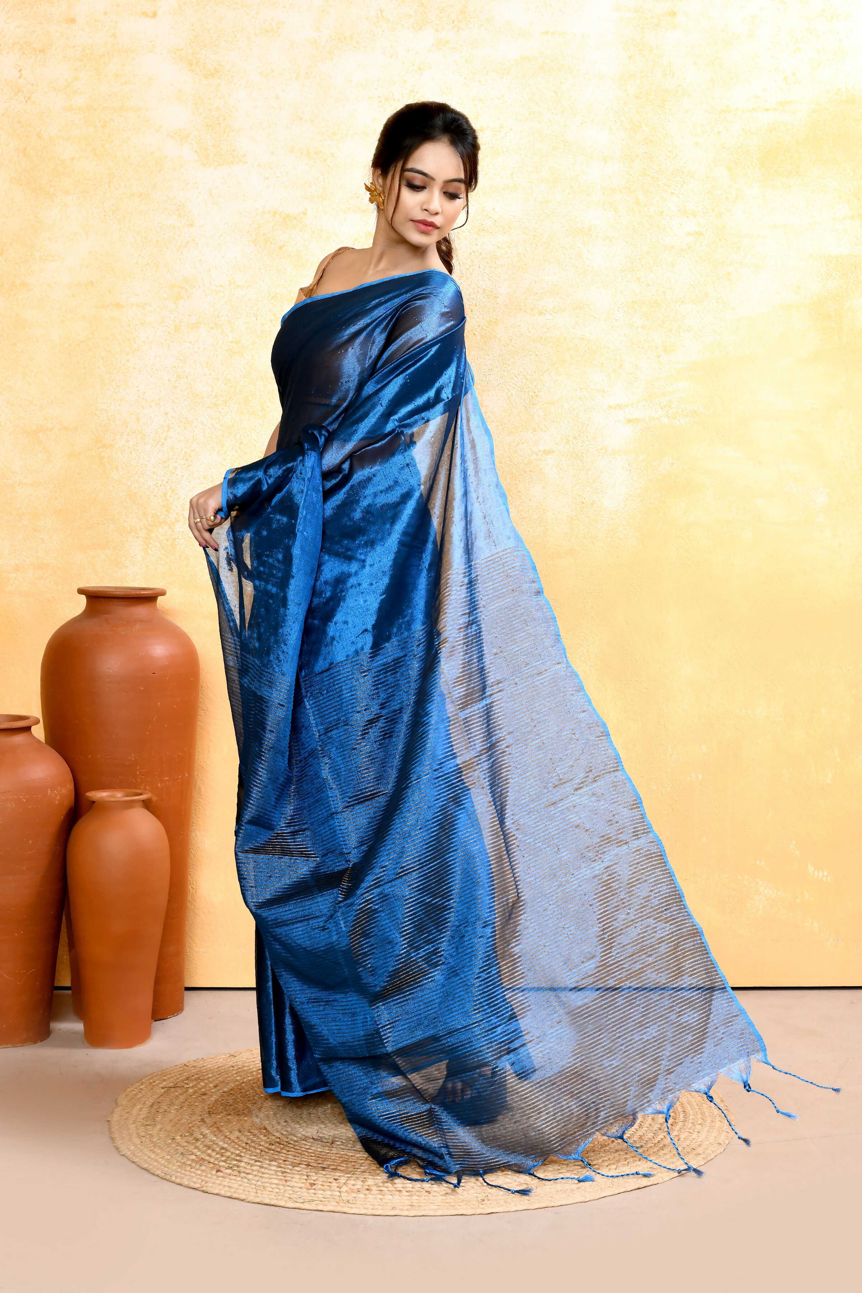 Piyari Fashion Women's Blue Dual Tone Organic Tissue Saree With Blouse Piece | Grocsy
