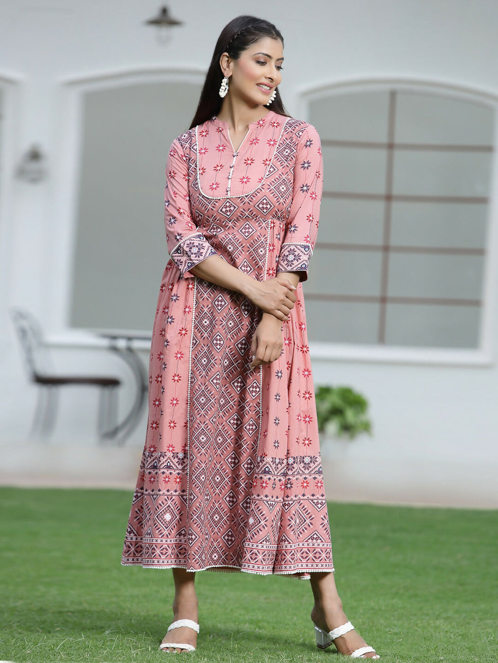 Juniper Peach Geometric Printed Pure Cotton Maxi Dress With Lace Work | Grocsy